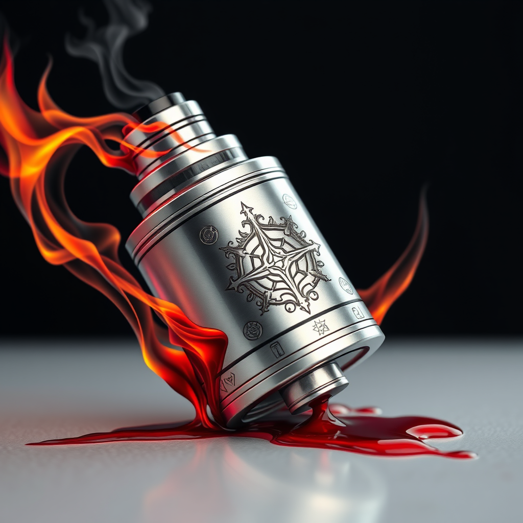 Hyper-realistic logo design for DoomVapes: Intricately detailed metallic vape tank, engraved with infernal motifs. Hellfire wisps curl around the device. Blood-red liquid seeps through cracks. Chthonic symbols etched on sleek surface.