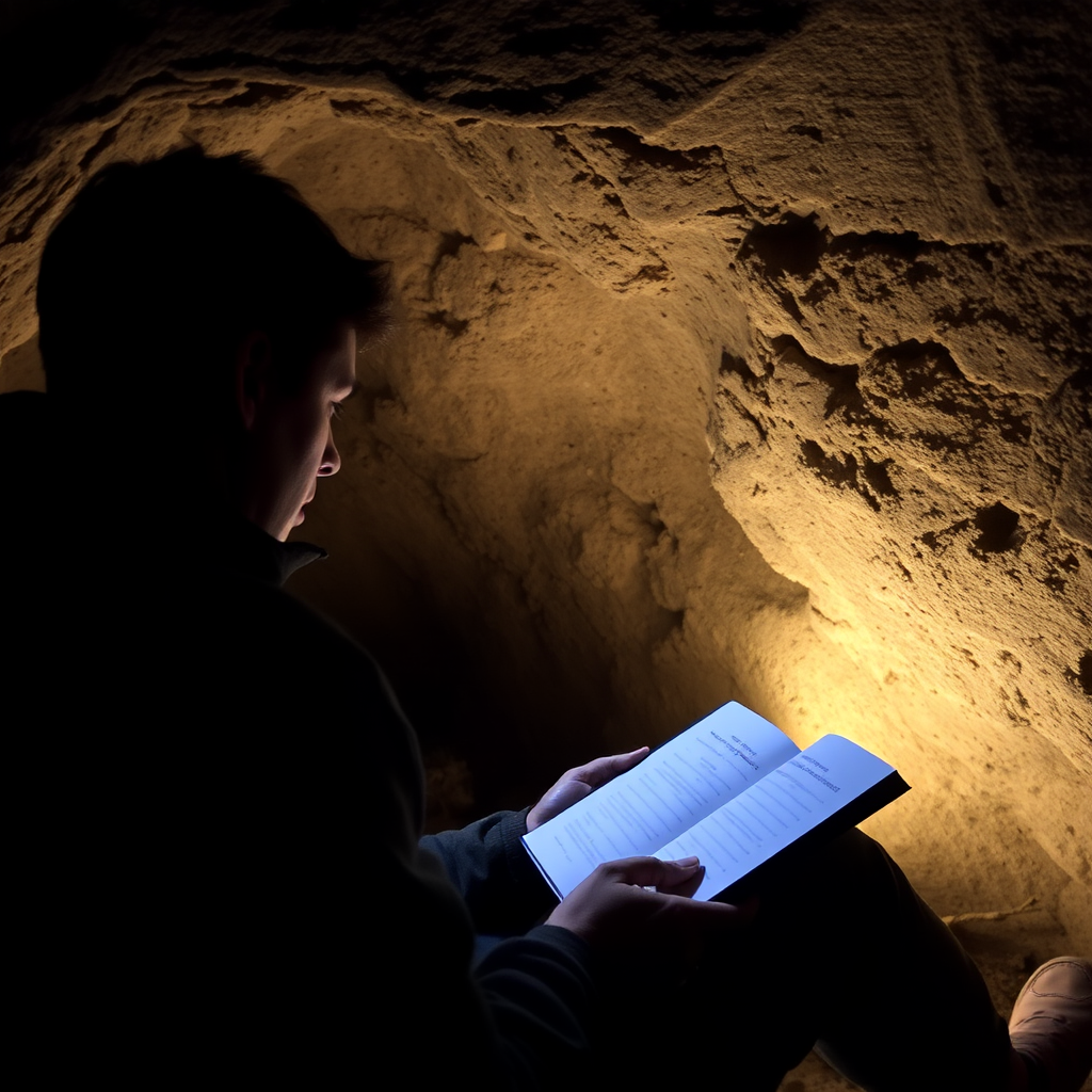 In the cave, someone is reading a book.