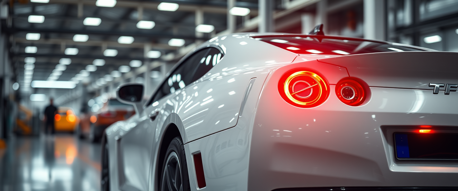 TF car in a factory with lights reflecting off the car's back body, and the backlight is turned on, showcasing the nice car body.