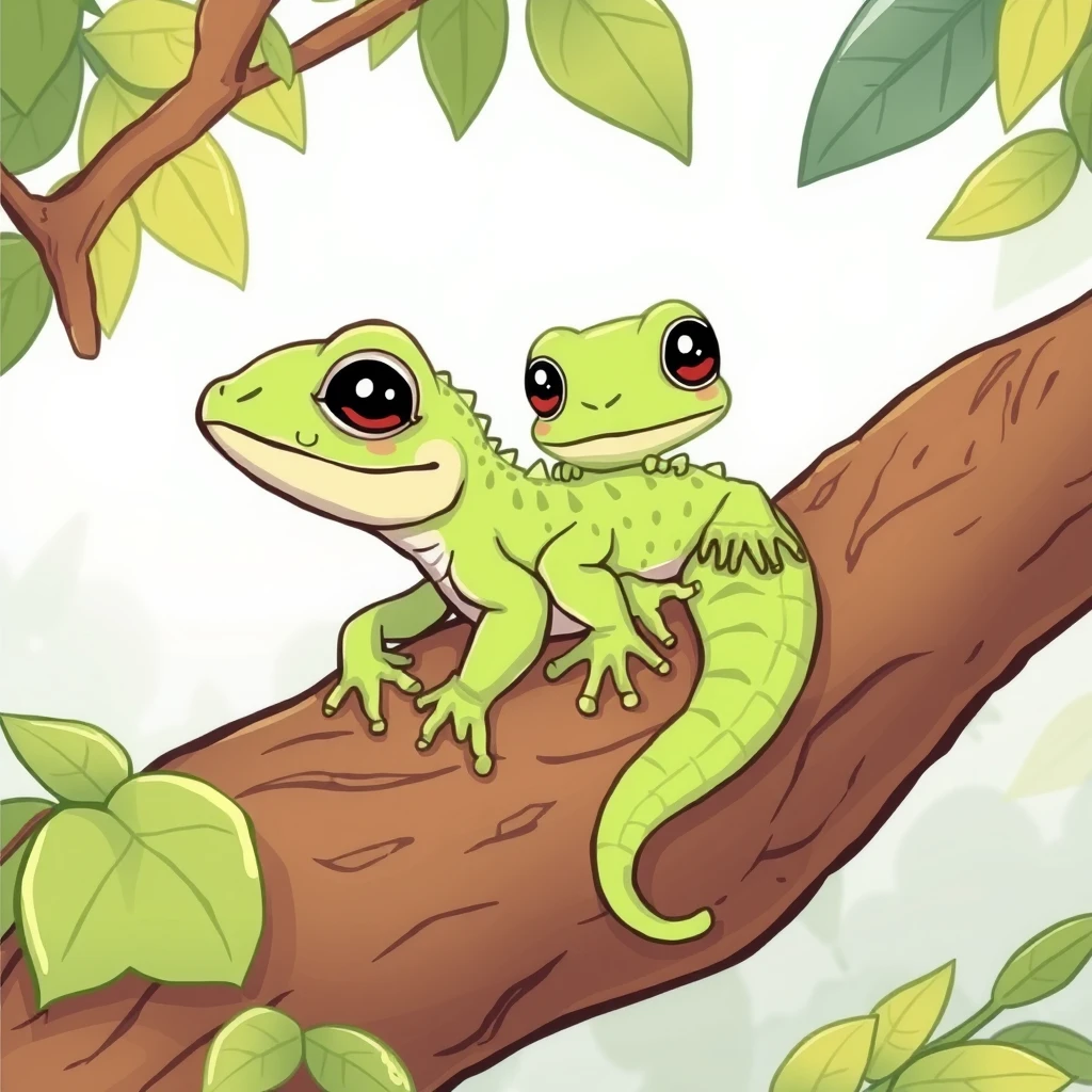 "Draw a cute cartoon of a nice and adorable baby lizard resting on a tree branch with a friend." - Image