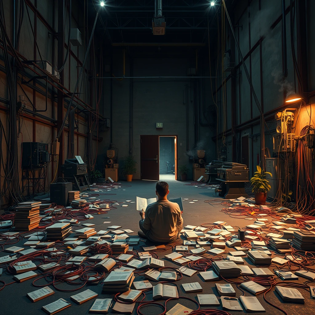 A real-life photograph, wide shot, of someone sitting in the corner of a large hall, reading a book. The hall has some books scattered messily, and many wires of varying thicknesses are on the floor and in the air, including red, blue, yellow, and other colors. Additionally, there are some machines emitting steam. At night, the lighting is dim, and there are some plants. At night, the main door of the hall is open.