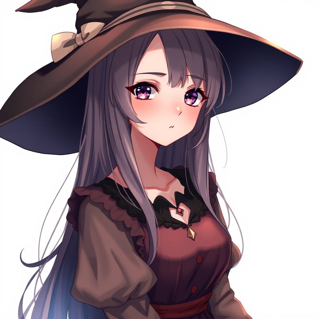 Anime art of a motherly woman witch, close-up, hair style, witch dress, natural reflective, detailed body, standing, white background, stunning details, trending on artstation, anime artwork, illustration quality, soft shadows. - Image