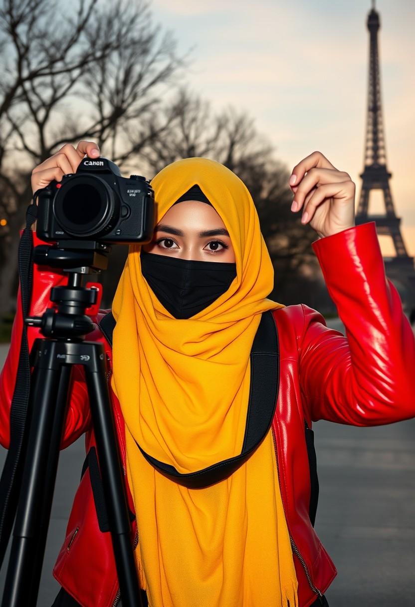 Biggest hijab yellow Muslim girl, beautiful eyes, face mask black, red leather jacket, black biggest skirt, camera DSLR CANON, tripod, taking photo Eiffel Tower, sunrise, morning scenery, Eiffel Tower, hyper realistic, street photography. - Image