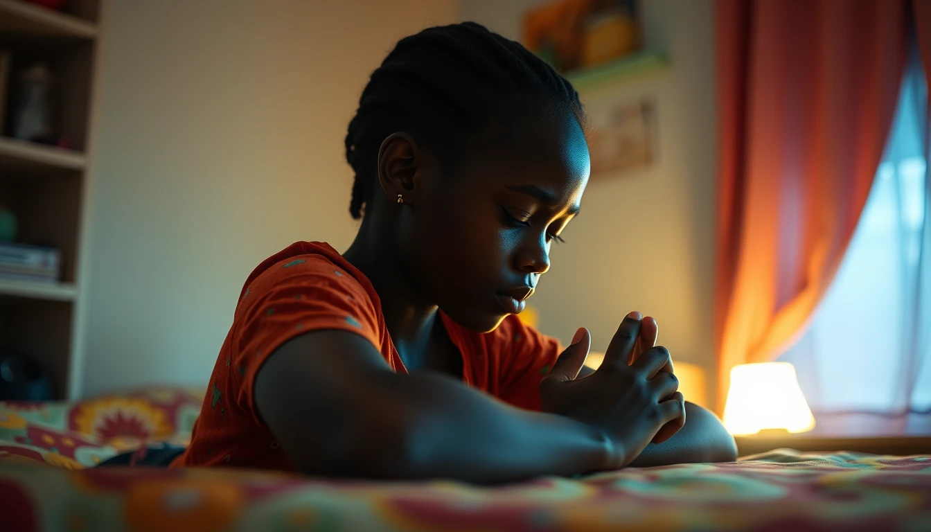 Portrait | shot from the side, Rwandan girl praying while leaning her elbows on the bed | glowing ::8 background | light apartment, vivid, blue, green, orange ::7 parameters | rule of thirds, golden ratio, asymmetric composition, hyper-maximalist, photorealism, cinematic realism, unreal engine, 8k ::7 --ar 16:9 --s 1000 - Image