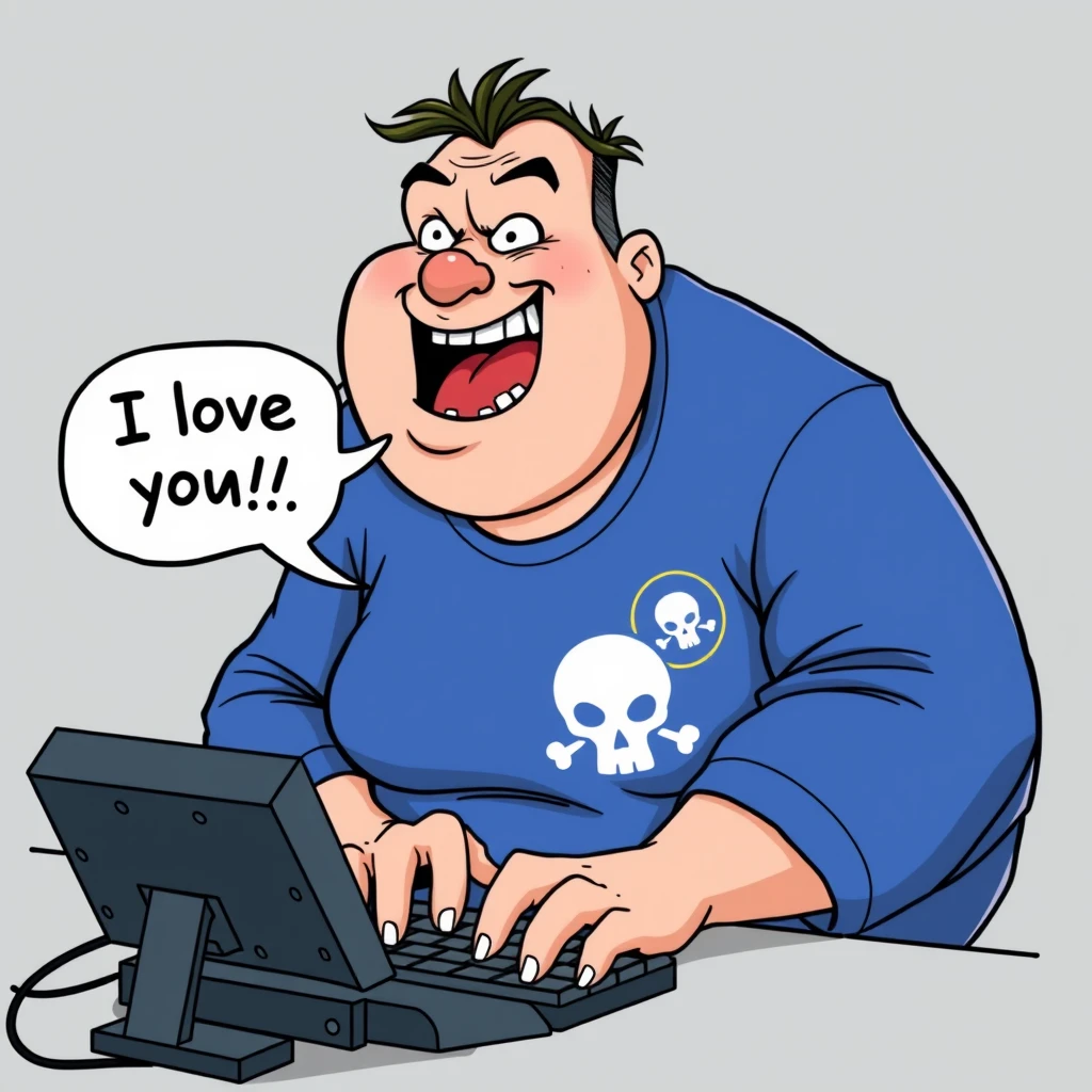 Cartoon of an overweight man wearing a blue shirt with a skull logo, hunched over a computer keyboard typing furiously. The man is smiling and has a crazed, frantic expression on his face. His mouth is open. A speech bubble coming from the man reads "I love you !!!"