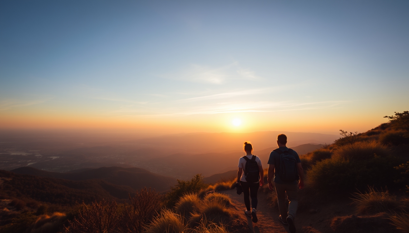 A wide-angle shot of a group of friends hiking up a mountain trail, with expansive views of the valley below and the sun setting on the horizon. - Image