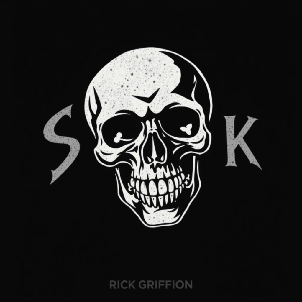 "SICK" BRAND NAME, SKULL HEAVY METAL STENCIL, T-SHIRT DESIGN ART by Rick Griffin, black background.