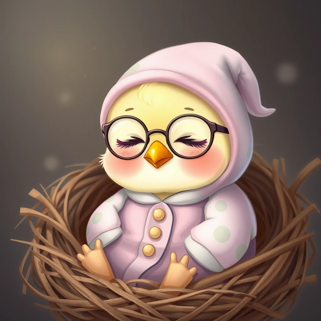 Sweet little and tender Kawaii birdie with glasses and a hat, wearing a beautiful pajama and a sleepy cap, happily sleeping in her cute nest.