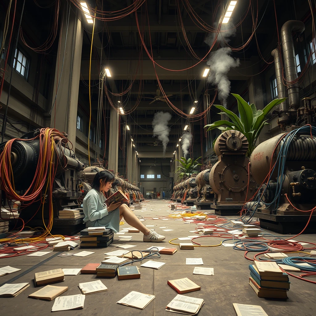 A real-life photograph, wide shot, of a Japanese female student sitting in the corner of a large hall, reading a book. The hall has some books scattered messily, and many wires of varying thicknesses are on the floor and in the air, including red, blue, yellow, and other colors. Additionally, there are some huge old machines emitting steam. At night, and there are some huge plants.