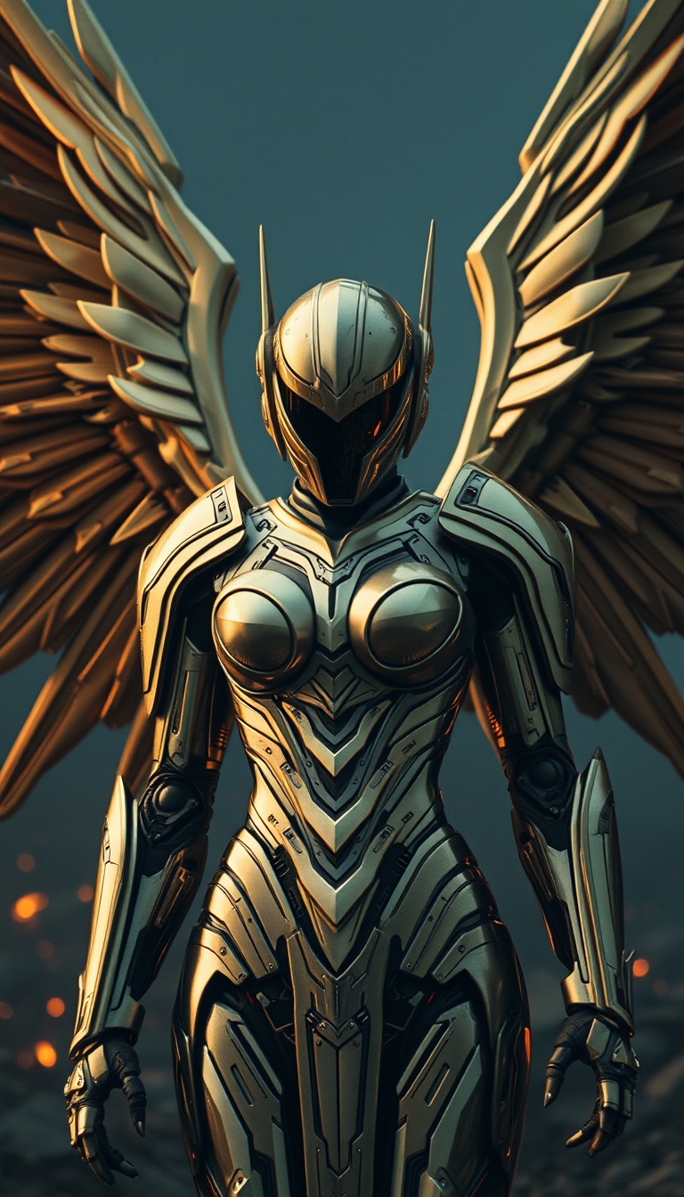 Cinematic shot of a cyborg female battle angel rising from ashes, golden regal Valkyrie armor, futuristic, full smooth helmet, standing on a battlefield, movie scene, film grain, realistic, shot from below, dark lighting. - Image