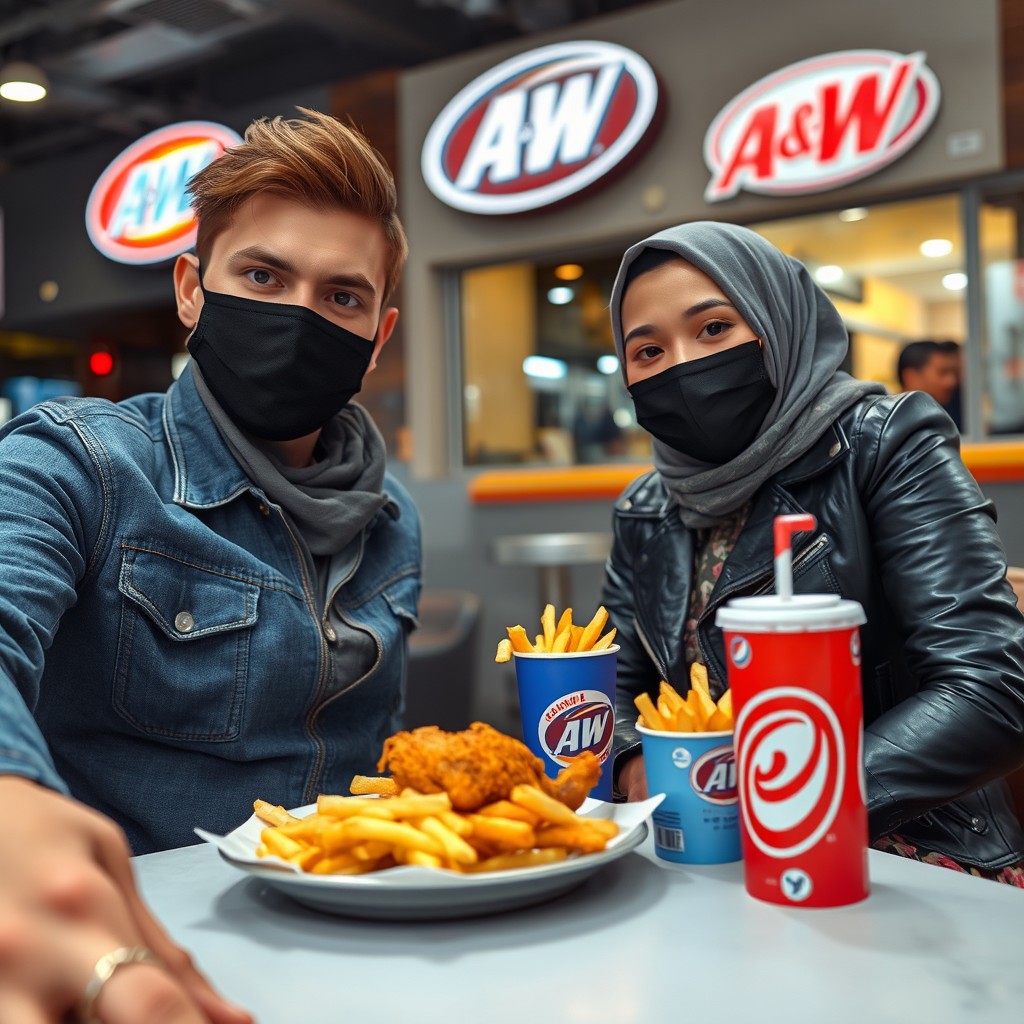 Jamie Dornan's head and body shot, handsome, young, black face mask, blue jeans jacket, jeans, dating a Muslim girl in a grey hijab with beautiful eyes, black face mask, black leather jacket, biggest floral skirt, at an A&W fast food restaurant, plate of Korean fried chicken, 2 cups of fries, A&W soft drink, photorealistic, hyper realistic, street photography, selfie.