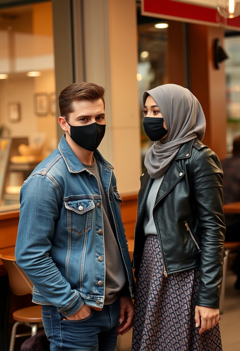 Jamie Dornan's head and body shot, handsome, black face mask, blue jeans jacket, jeans, dating with a Muslim girl in a grey hijab, beautiful eyes, black face mask, black leather jacket, largest patterned skirt, talking at a cafe, photorealistic. - Image