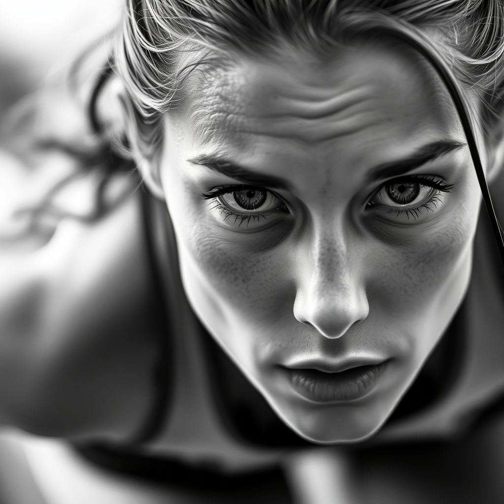 a black and white super closeup photo of a focused female athlete before she sprints, especially her eyes.