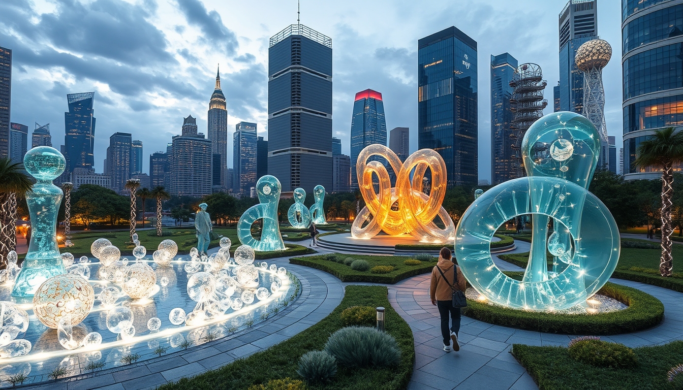 A futuristic city park with glass sculptures and interactive installations.