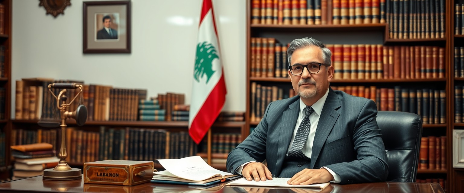 A lawyer is sitting at his desk in a vintage law firm, with the Lebanese flag on a pole behind him, and books covering the wall behind him on an old vintage bookshelf.