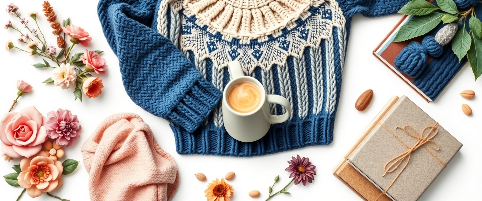 cozy-themed items, floral items, a detailed knit sweater, steaming mug, books, all arranged and isolated on a white background, peachy, navy and coordinating colors, trending cozy style, Folk art, 2d, icons, trending junk journal style, sticker art, hyper-realistic, high quality