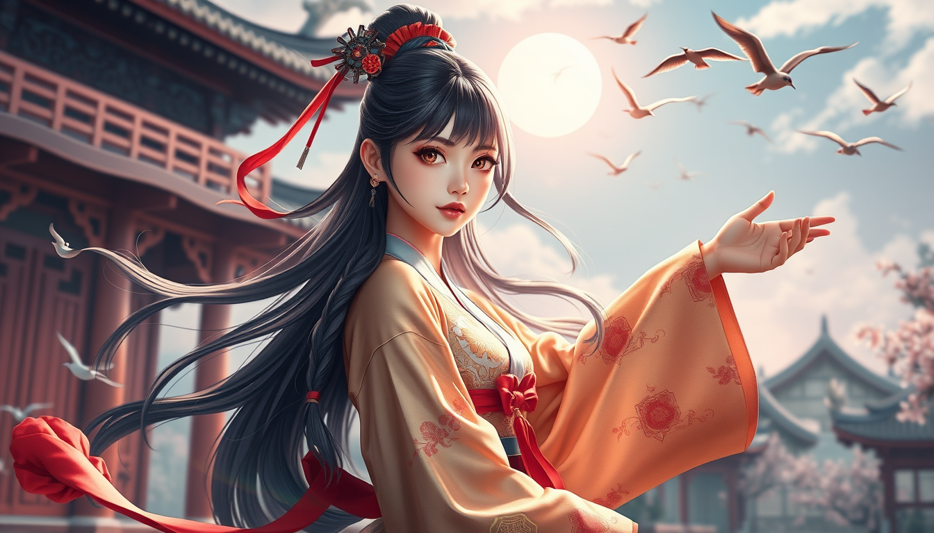 Dynamic poses, stunning colors, 3D rendering masterpiece, high resolution, 1 girl, (hair ribbon, headband, side braid), hanfu, Chinese traditional cloth, ultra-detailed, (highly detailed skin), glossy skin, female focus, model, Chinese ink painting style, wearing clothes with Chinese elements, (Chinese style: 1.2), extremely detailed, gufeng, gradient, fractal art, colorful, highest detailed hair, HDR, 8k resolution, 1 girl, earrings, jewelry, breasts, solo chest pleated skirt, long hair, makeup, jewelry, eyeshadow, braid, looking at viewer, bangs, breast curtain, long sleeves, ribbon, tassel, scenery, Chinese architecture, trees, birds, sun, outdoors, depth of field. - Image