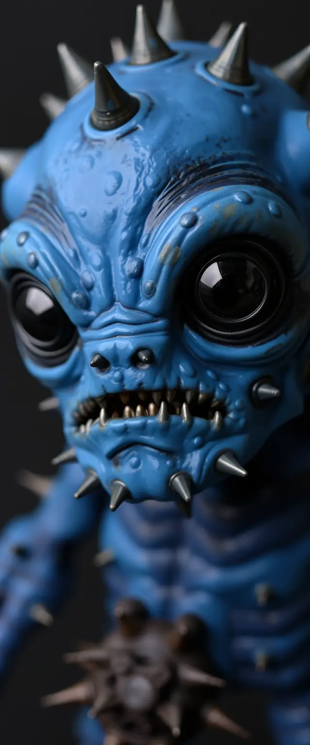 A complete figure of a strange blue creature with black eyes and skin with metal pimples and spines. - Image