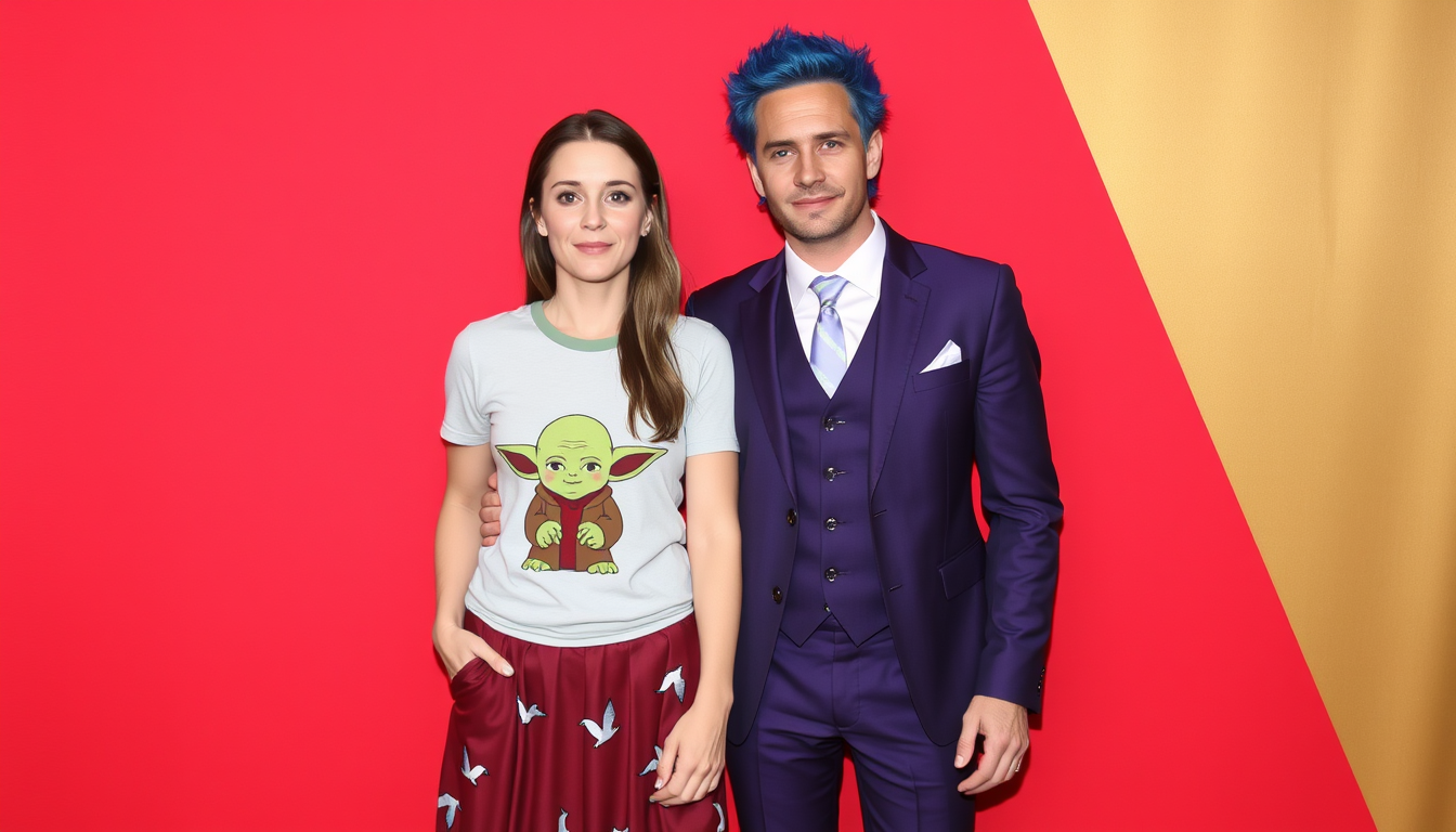 A man and woman are standing together against a backdrop, which is divided equally in half down the middle; the left side is red, and the right side is gold. The woman is wearing a t-shirt with a Yoda motif and has a long skirt with birds on it. The man is wearing a three-piece purple suit and has spiky blue hair.