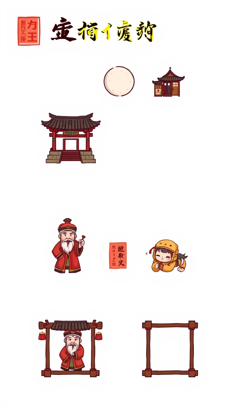 Design a set of game feature icons that blend Chinese ancient style with realism, ensuring the icons are clear and detailed in 8K resolution. Use a colorful ink wash painting style with detailed coloring, hand-drawn bold outlines, and a cute graphic novel aesthetic. Include ancient hand-drawn frames with nothing inside. - Image