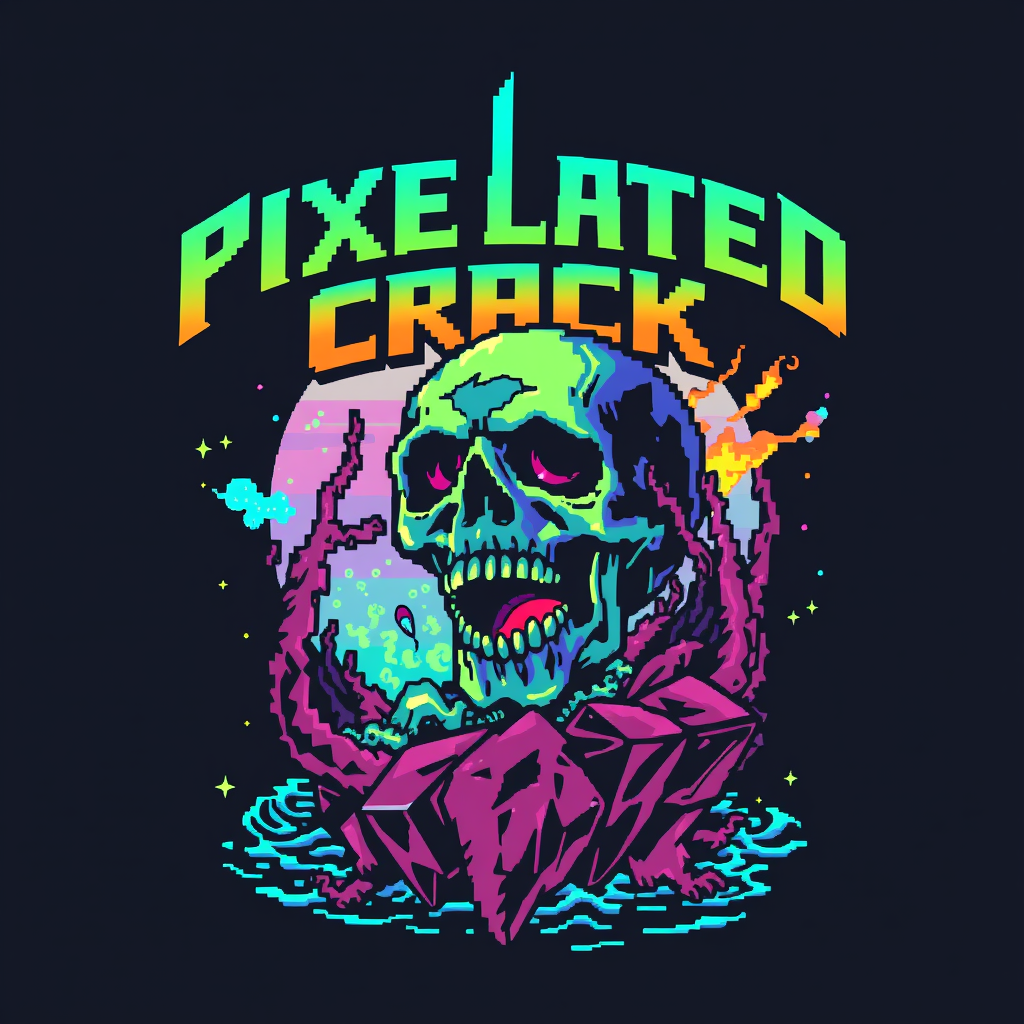 T-shirt design featuring a blocky, colorful 8-bit style of death metal blended with chiptune. The visual should be unique and striking, yet macabre, blending beauty with the band name "Pixelated Crack" and inspired by a deep-sea scene.