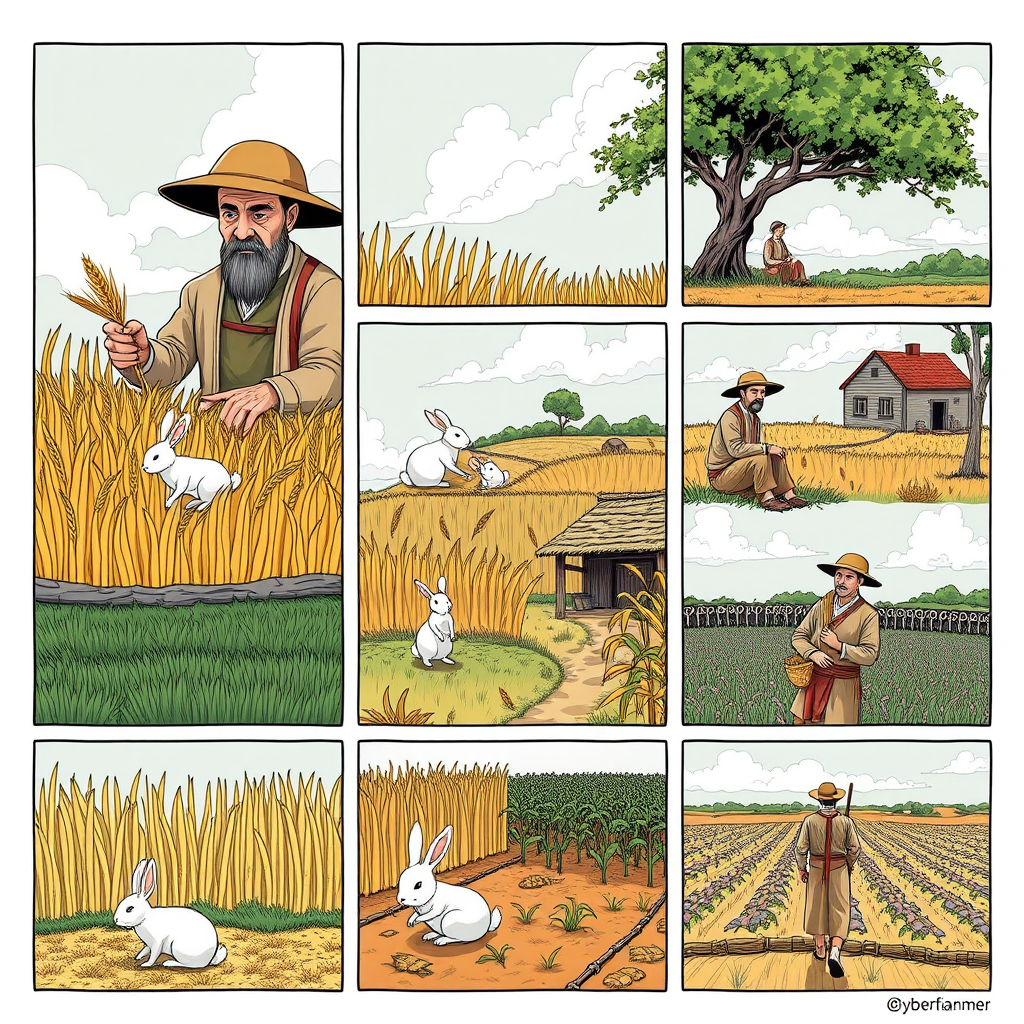 The image style is "cyberpunk," featuring an ancient farmer in a nine grid. The characters in each scene will all use the same farmer, ensuring that the face shape and clothing remain consistent throughout. In the first panel, the farmer is harvesting wheat. In the second panel, the farmer is sitting under a tree, a rabbit is rushing. In the third panel, the rabbit is lying on the ground. In the fourth panel, the farmer is walking toward a house. In the fifth panel, the farmer sits under the tree. In the sixth panel, the farmer sighs while sitting under the tree. In the seventh panel, the farmer stares blankly at the sky. In the eighth panel, the crops have withered. In the ninth panel, the farmer is planting seeds in the field. - Image