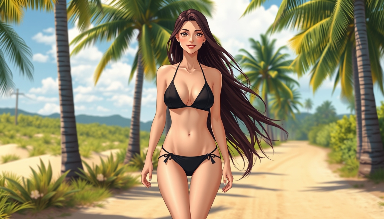 Anime background, a beautiful Caucasian brunette girl with long hair wearing a black bikini walking on a sandy country road, palm trees, barefoot, smiling, model body type. - Image