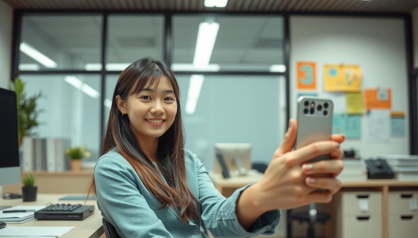 A Chinese girl sitting in her office taking a selfie.