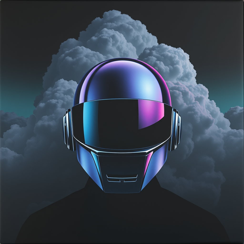 Daft Punk helmet with dark grey clouds in the background, outrun color palette, colored album art, black canvas, dark teal, Daft Punk, sinister background, CD cover artwork, helmet. - Image