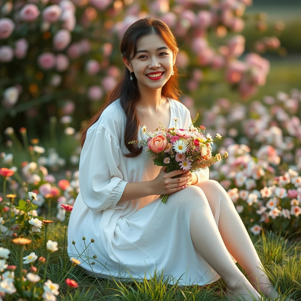 20-year-old long-legged middle-aged Chinese girl, wearing a loose white dress with a huge chest and a huge butt. She sat down among the flowers with a bunch of fresh flowers in her hands and a happy smile on her face. The setting is warm and romantic with blooming flowers and green grass. - Image