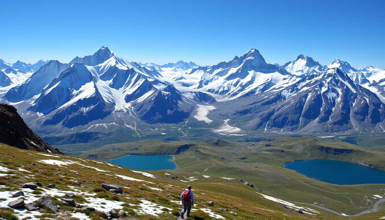 Majestic, snow-covered peaks, alpine meadows, serene, high quality, photorealistic, mountain range, crystal-clear lakes, untouched wilderness, panoramic, breathtaking, nature's beauty::0.8 mountaineering, hiking trails, wildflowers, mountaintop vistas, glaciers, fresh mountain air. - Image