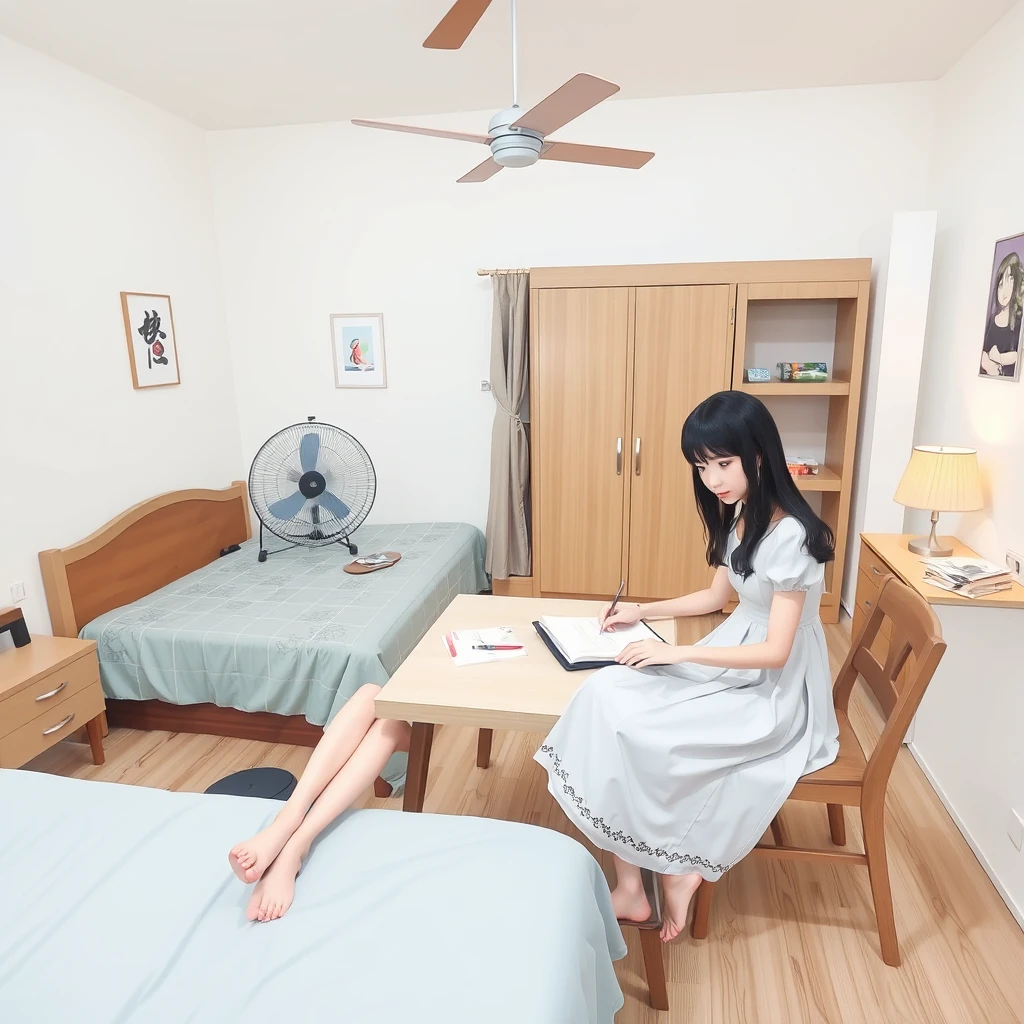 In the room, there is a bed, a table, and chairs. The room is very large. The female tutor is helping the female student with her homework. They are wearing dresses, it's summer, and it's very hot; they are sweating. There is a fan. Additionally, there are Chinese characters or Japanese.