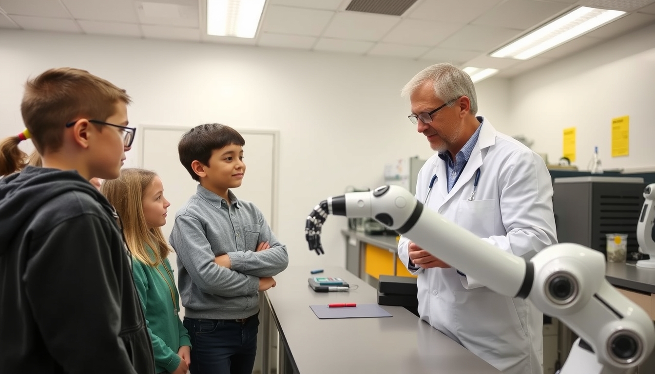 Field trip to a real robotics laboratory, encouraging children in a career in robotics. A real scientist talking with young students, showing them a robotic arm.