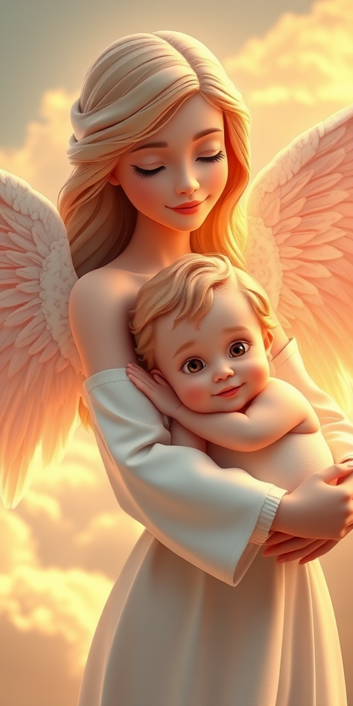 A stunningly realistic 3D rendering of a loving angel mom, her soft, flowing hair cascading down her back as radiant, semi-transparent wings extend gracefully to the sides. Her serene expression conveys warmth and protection as she tenderly embraces a young child, symbolizing unconditional love. The child's innocent face, with large, round eyes and a gentle smile, reflects trust and security, while the soft, rounded features and relaxed posture evoke a sense of peace. The background is an ethereal scene of soft clouds and warm, glowing light, adding depth and atmosphere to the scene. The wings' gentle flutter is captured with motion blur, enhancing the feeling of movement and grace., photo, 3d render, vibrant, portrait photography