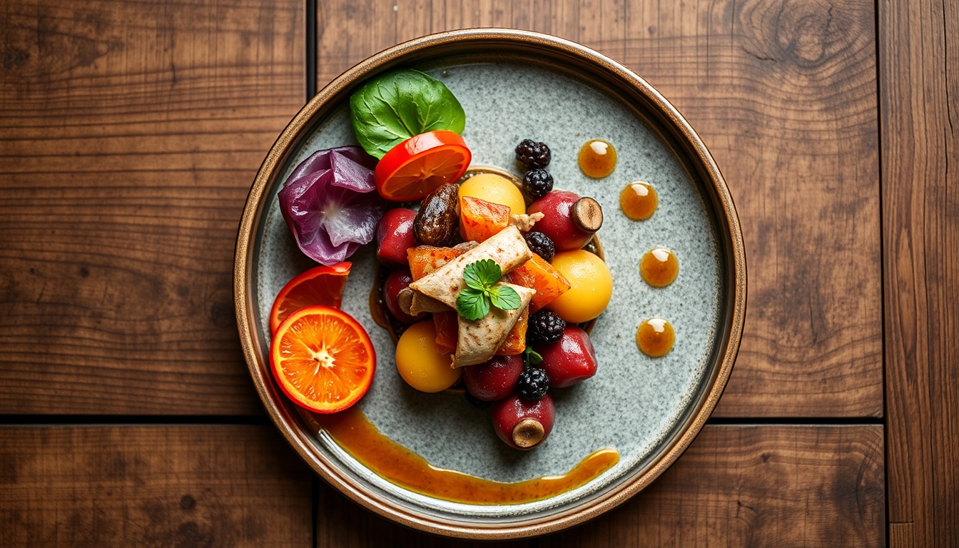 A top-down view of a beautifully arranged gourmet dish, with vibrant colors and textures, placed on a rustic wooden table, highlighting the artistry of food. - Image