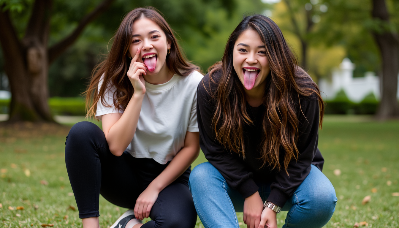 Two young women playfully sticking out their tongues while kneeling. - Image