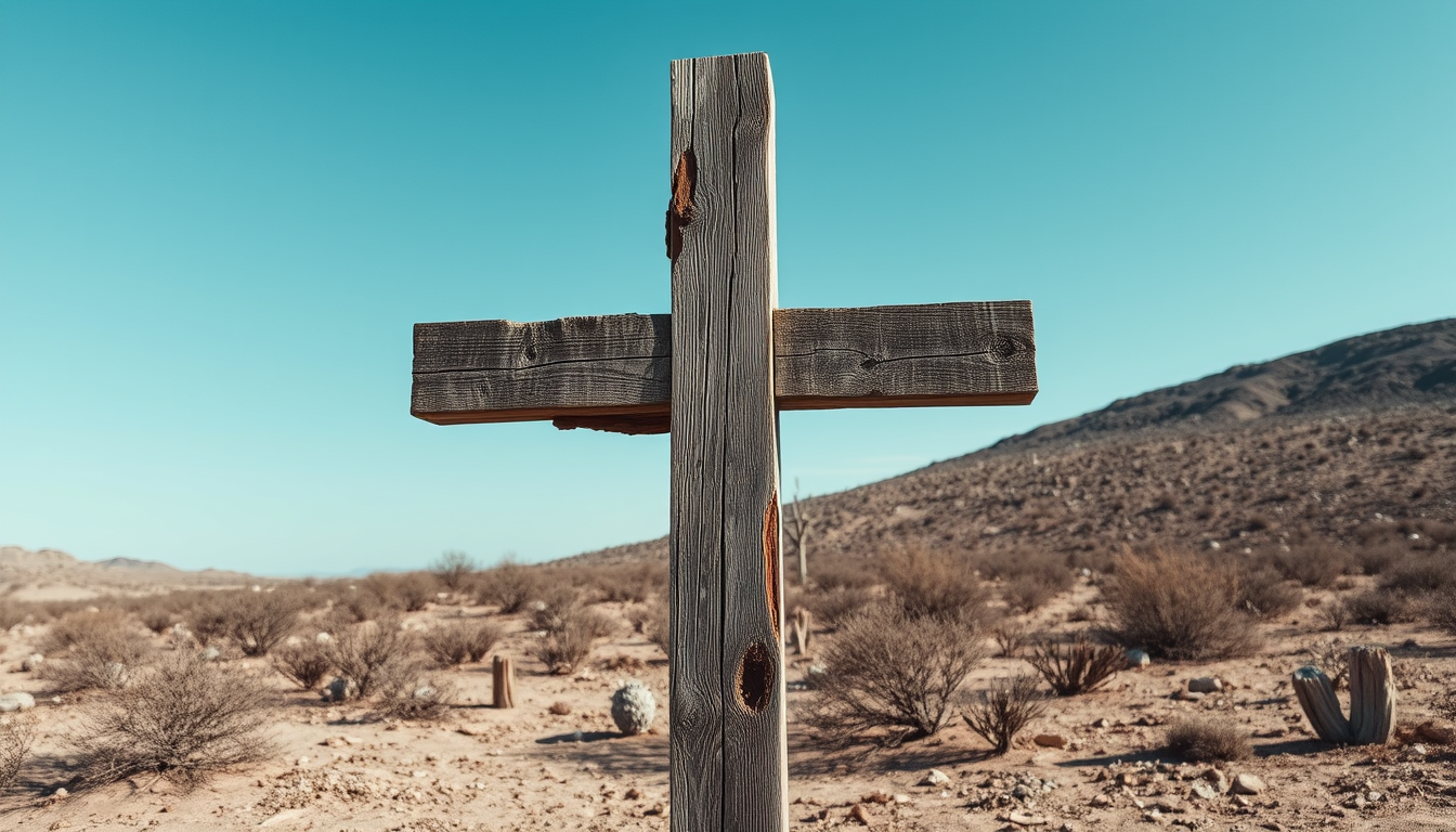 A cross made of wooden planks. The wood has signs of bad wet rot and dry rot in the wood. The cross is standing in a barren desert landscape. The overall feel is depressing and desolation. - Image