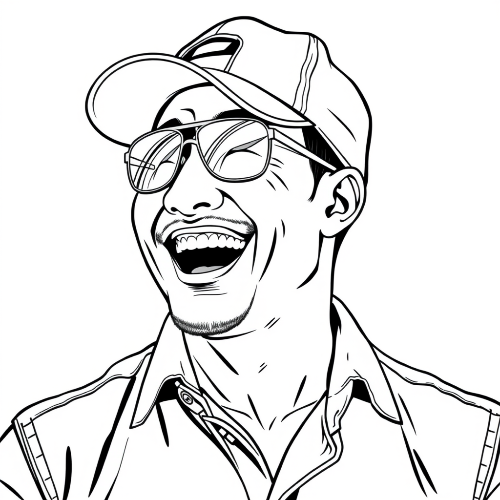 A cool black and white line drawing of a man around 35 years old, upper body, wearing a baseball cap, Asian, with aviator sunglasses, a bit of facial hair, a tough guy, in a shirt, with a well-defined, full face, a strong physique, clean and fresh skin, laughing heartily in happiness after winning a victory. - Image