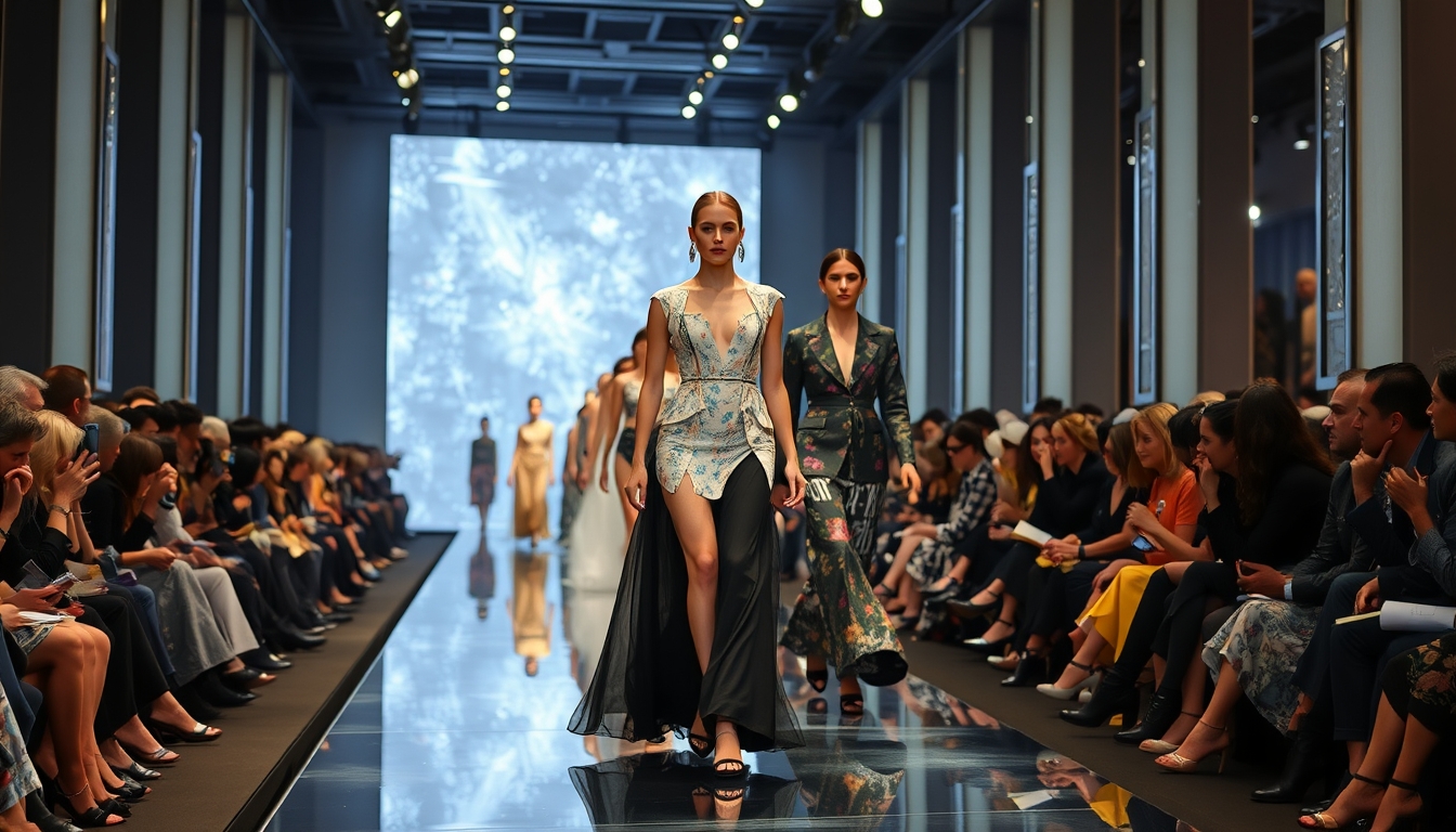 A high-end fashion show with models walking down a glass runway. - Image