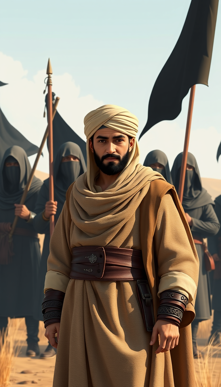 Digital vector of a young Muslim commander wearing modest Biblical cloak and turban clothes, standing behind great Muslim warriors with a leader's expression. The medieval Muslim warriors are covered in veils, holding black banners and guarding him in open land, featuring ambient occlusion and flat minimal textures. - Image