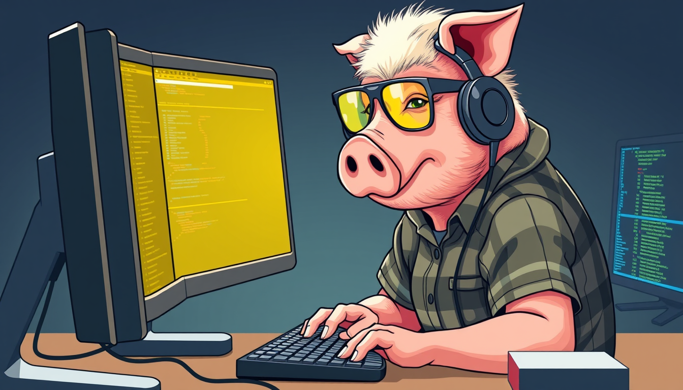 A tech-savvy porcine coder, donning yellow-tinted glasses and sleek noise-cancelling headphones, hunches over a cutting-edge multi-monitor setup. The anthropomorphic pig exudes focus, typing furiously. Wearing a plaid t-shirt. - Image