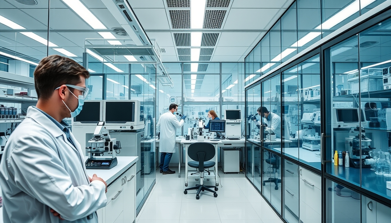 A high-tech laboratory with glass walls and advanced equipment, scientists at work.