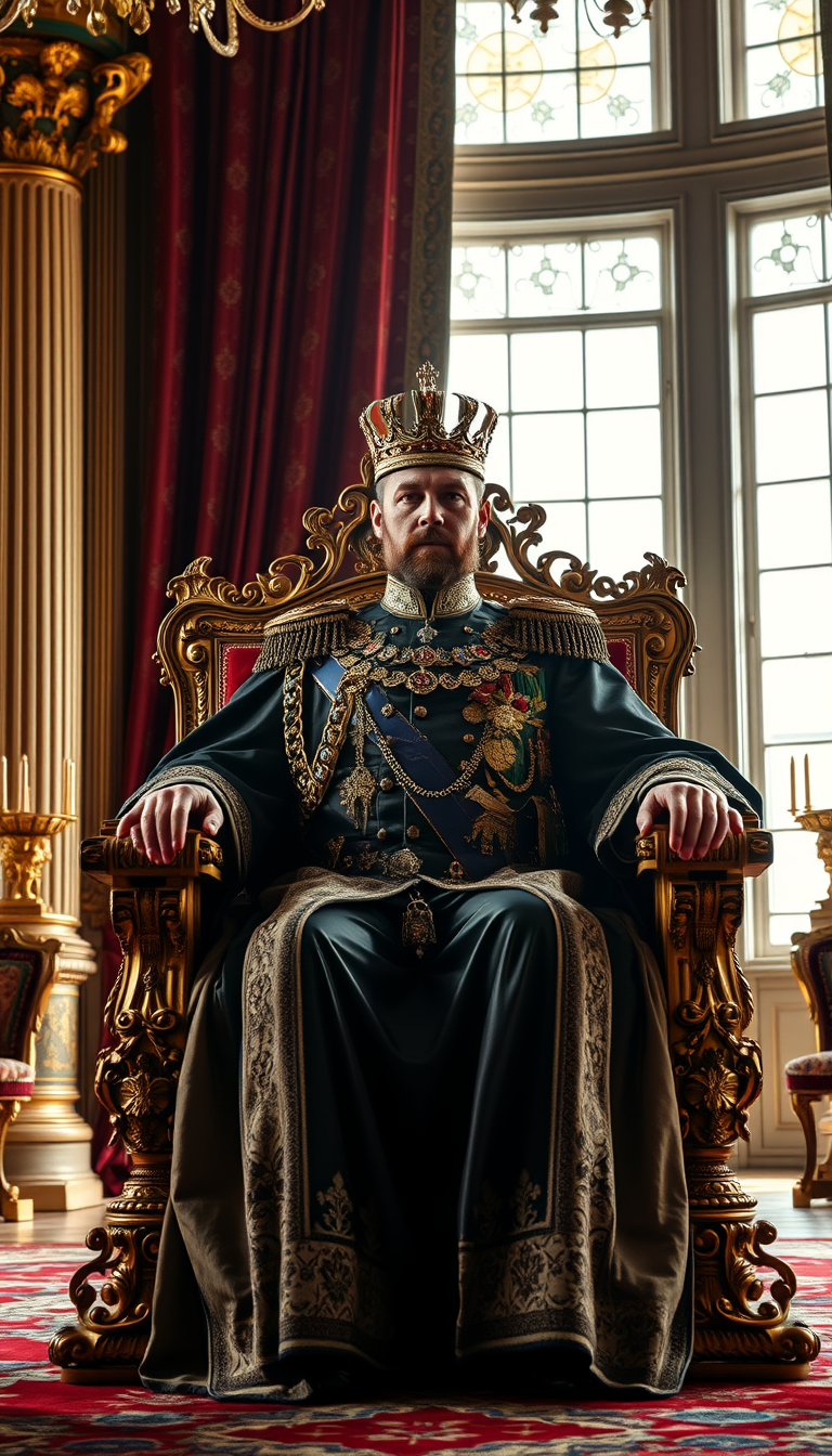 Main Character: Tsar Nicholas II of Russia, seated upon his opulent throne. He is dressed in full royal regalia, including elaborate robes adorned with jewels and embroidery, and a crown rests upon his head. His expression is stoic and regal, his posture upright and commanding, reflecting his authority and power. Background: The grand throne room of a Russian palace, richly decorated with ornate furnishings, tapestries, and gilded details. The throne itself is a masterpiece of craftsmanship, intricately carved and adorned with precious gems. Large windows allow natural light to flood the room, illuminating the scene and highlighting the richness of the surroundings. Visual Style: The visual style should mimic professional, cinematic photography, with a focus on sharp detail, realistic textures, and a deep, rich color palette. The image should evoke a sense of historical grandeur and convey the immense power and opulence of the Russian monarchy. Think of the rich, detailed style of classical paintings. The overall tone should be regal and imposing, with a focus on the Tsar as the central figure of power and authority.