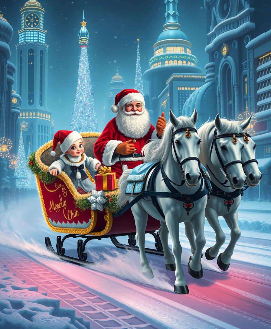 Russian Snow Grandfather rides in a festive sleigh with the charming Snow Maiden, pulled by three white horses through a futuristic city decorated with Christmas lights.