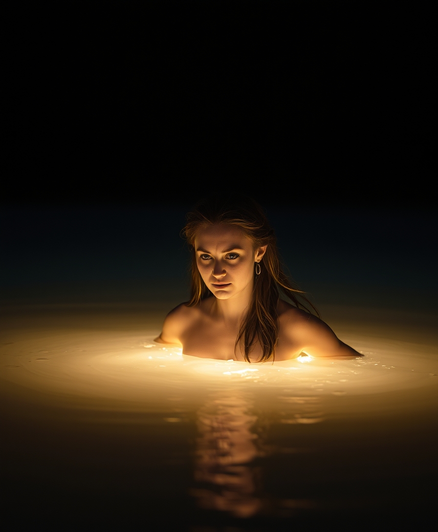 A goddess emerges from a lake at night in the fire light, close-up.