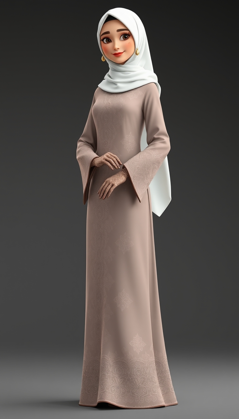 Create a 3D, 8K animated cartoon of a Muslim woman from Palembang wearing a long traditional songket dress. She should have her hands covered with batik gloves. The image should capture the elegance and cultural richness of the attire.