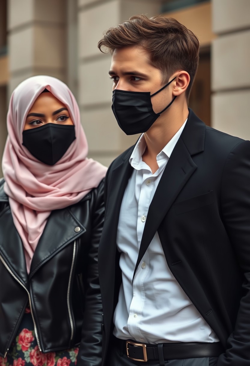 Jamie Dornan's head and body shot, handsome, young, wearing a black face mask, half-buttoned white shirt, black suit coat, dating a beautiful girl with the biggest soft pink hijab, captivating eyes, black leather jacket, also wearing a black face mask, biggest floral skirt, hyper-realistic, street photography.