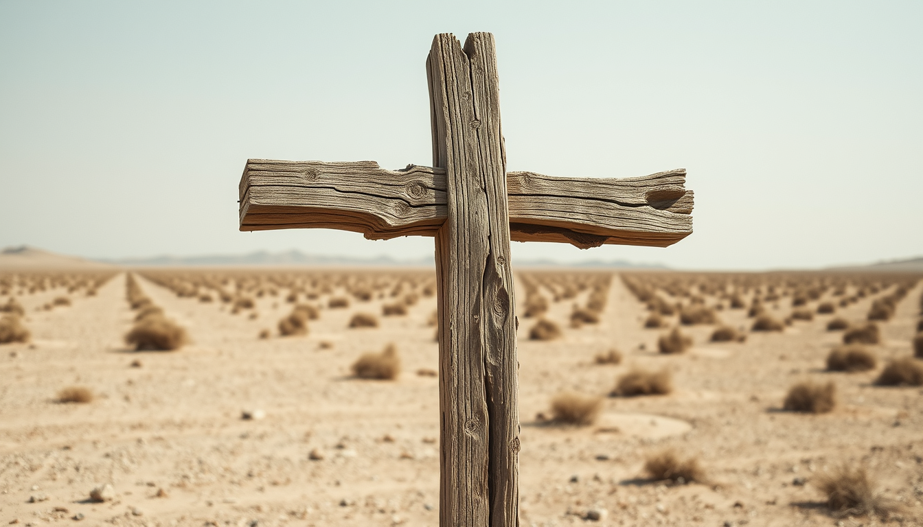 a wooden cross where the wooden planks has visibly rotted away. The cross is standing in a barren desert landscape. The overall feel is depressing and desolation.