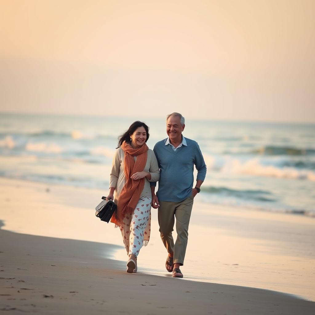 "Create a realistic image of a wonderful middle-aged Korean couple walking on the beach."