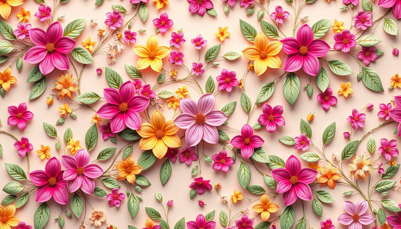 A vibrant and imaginative 3D concept for floral-patterned wallpapers. The design features intricate, colorful flowers and leaves intertwined in a harmonious pattern. The flowers are a blend of realism and abstract shapes, with vivid shades of pink, purple, yellow, and green. The background showcases a gradient effect, with a soft transition from lighter to darker tones. The overall ambiance is fresh, uplifting, and perfect for a modern, chic, and artistic atmosphere.